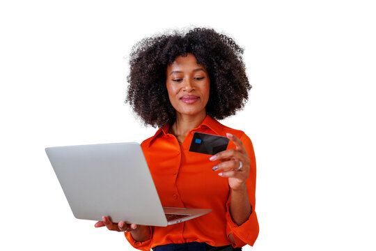 Black woman using laptop and credit card for secure online shopping, e-commerce transaction, and digital banking payment