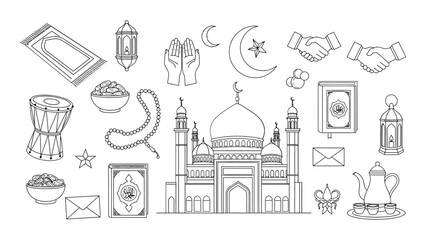 Naklejka premium Ramadan kareem islamic symbols and mosque illustrations with crescent moon lanterns and food for holy month