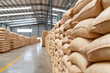 Stacks of Plain Sacks in a Spacious Warehouse for Food Storage