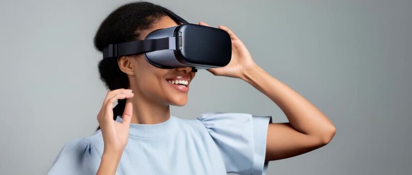 african woman wearing a VR headset laughing naturally, candid lifestyle emotion, less glossy retouch, realistic skin pores, slight natural 4K