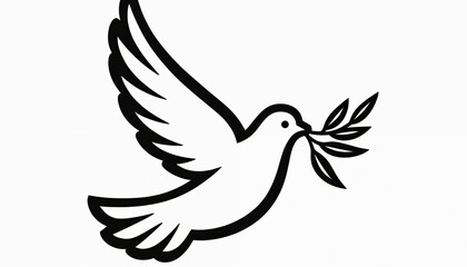 Obraz premium Black and white illustration of a dove flying with an olive branch in its beak. Bird symbolizes peace, hope, and freedom. Clean, minimalist design suitable for various media.