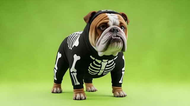Bulldog in Halloween Costume: A charming Bulldog in a playful skeleton costume stands against a vibrant background, embodying the spirit of Halloween with adorable mischief and seasonal fun.