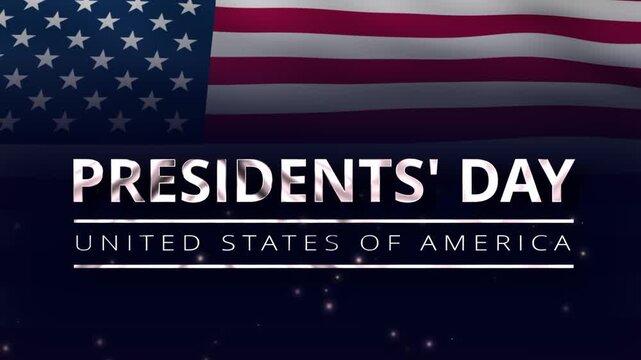 Metallic silver Presidents Day text animation on a flying United States of America flag background with glowing silver particles. Patriotic national holiday video ideal for Presidents Day celebration.