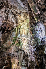 Towering stalactites, veiled in moss and aglow with subtle lights, cascade like frozen chandeliers through the shadowy vaults of Gibraltar's St. Michael's Cave. 