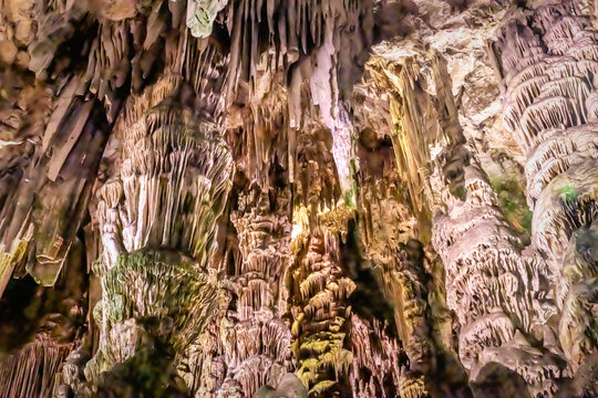 Towering stalactites, veiled in moss and aglow with subtle lights, cascade like frozen chandeliers through the shadowy vaults of Gibraltar's St. Michael's Cave. 