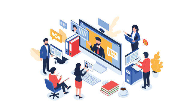Isometric illustration of a virtual classroom with several people interacting through computer screens for online education purposes.