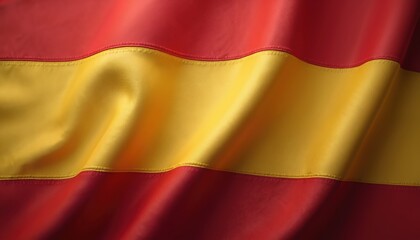 Obraz premium Detailed view of Spanish flag fabric waves. Red and yellow stripes show textile weave. National symbol moves gently. Official country banner.