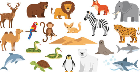 Fototapeta premium Wildlife Animal Cartoon Illustration Set Featuring Safari, Forest, Desert, Arctic, and Ocean Species for Kids Education, Learning Materials, and Vector Design