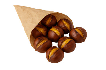 Paper cone filled with roasted chestnuts isolated on transparent background delicious autumn snack food concept nutrition traditional seasonal cuisine closeup detail realistic design render