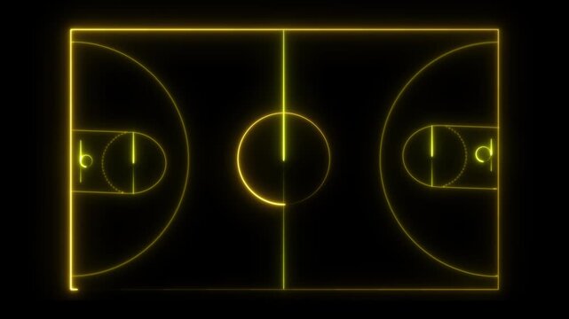 Yellow Neon Outline of a Basketball Court on Black Background sport game