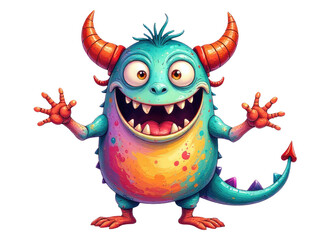 Fototapeta premium A whimsical creature with horns and horn-like protrusions on its head, depicted in a bright and vibrant style