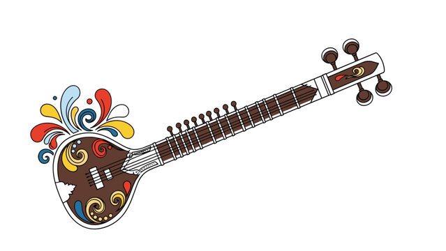Beautifully decorated sitar musical instrument with vibrant and colorful abstract swirl patterns emanating from the base.