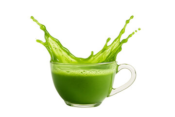 Green matcha latte splash in glass cup representing freshness energy and organic drink vitality health beverage concept aesthetic motion art isolated on transparent background realistic render