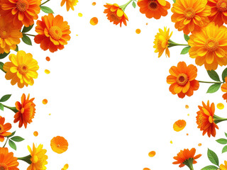 Obraz premium Close-up of bright orange and yellow flowers against a clean white background, suitable for use in designs requiring a pop of color