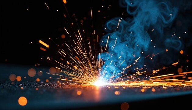 Bright welding arc emits fiery sparks, blue smoke. Hot metalwork creates explosion of light, energy. Intense glow illuminates dark industrial background. Manufacturing process unfolds with radiant