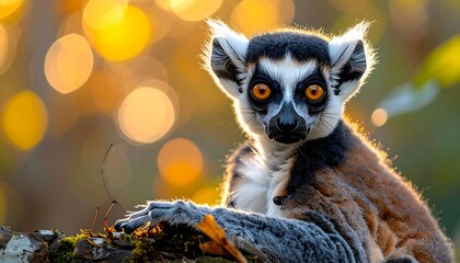Obraz premium A ring-tailed lemur gazes directly at the camera with large orange eyes in sunlit forest