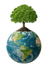 Lush green tree growing from the top of planet earth globe symbolizing environmental conservation global ecology and the importance of nature isolated on transparent background