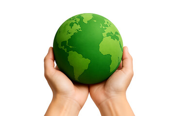 Pair of hands holding green globe representing eco earth isolated on transparent background
