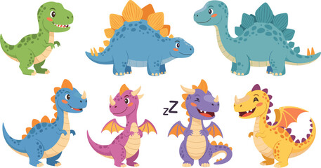 Cute Baby Dinosaur Cartoon Illustration Set Featuring Friendly Stegosaurus, Triceratops, Dragon Style Dinos, and Smiling Prehistoric Characters for Kids Vector Design © MstSuborna