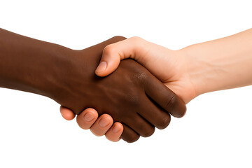 Two hands of different skin tones shaking together to represent diversity partnership agreement business success and racial unity among people isolated on transparent background