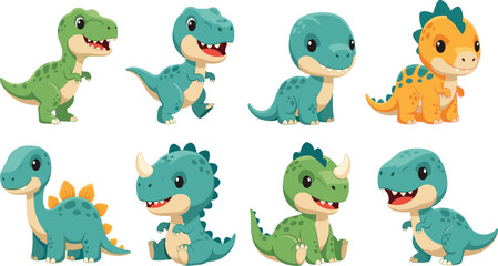 Obraz premium Cute Baby Dinosaur Cartoon Illustration Set Featuring Smiling Prehistoric Characters in Different Poses for Kids Education, Games, Nursery Art, and Vector Design