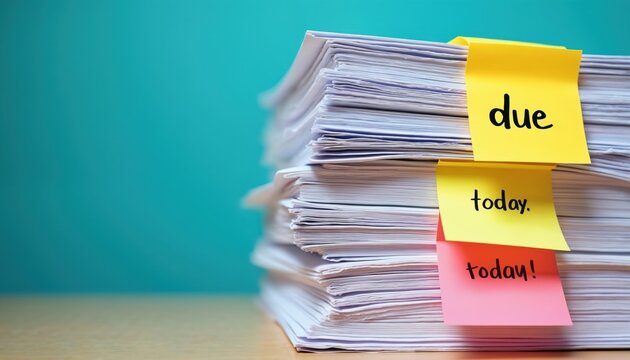 Stack of papers marked with sticky notes indicating urgent tasks, deadlines. Papers pile up with due today reminders, signifying immediate work. Organization, time pressure central themes in visual.