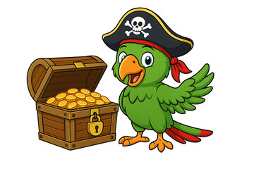 Cute green cartoon parrot wearing a black pirate hat standing next to a wooden treasure chest filled with shiny gold coins isolated on transparent background