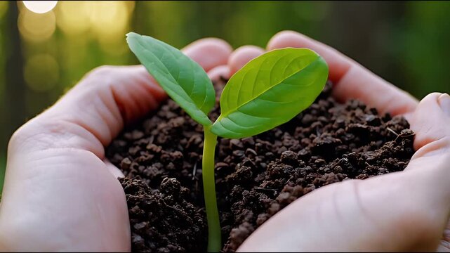 A small green sprout growing in the shape of a heart from rich dark soil, hands holding the soil carefully, bokeh forest background, environmental theme, soft sunlight, high detail, realistic.