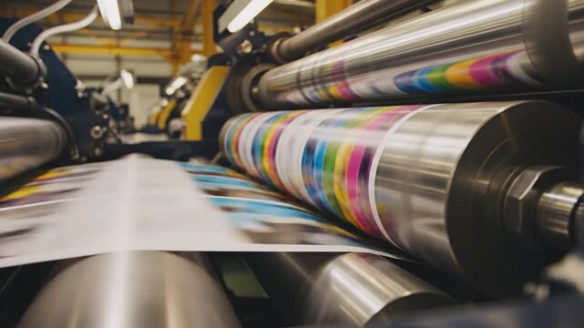Printing press in action with colorful sheets emerging from rollers showcasing vibrant designs and continuous production flow in a busy factory