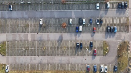 Aerial View of Large Parking Lot with Empty Spaces and Parked Cars
