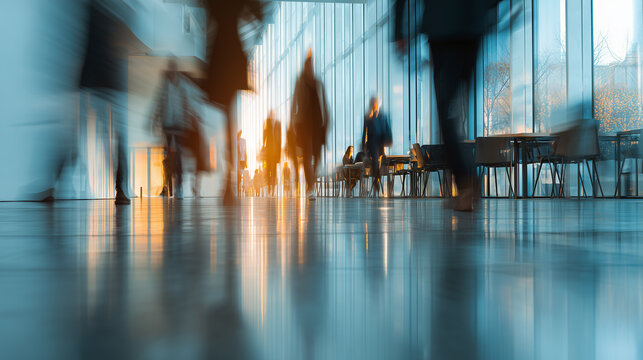 High-tech office environment with people in motion at a low angle