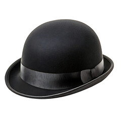 Classic black bowler hat with ribbon band for gentleman fashion isolated on transparent background