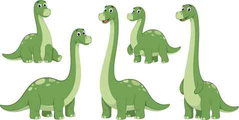 Cute Long Neck Dinosaur Cartoon Illustration Set Featuring Friendly Brachiosaurus and Sauropod Characters in Multiple Poses for Kids Education and Vector Design © MstSuborna