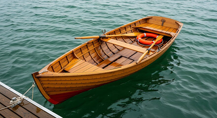 Obraz premium Polished wooden rowboat with orange life preserver and oars floats on rippling green water