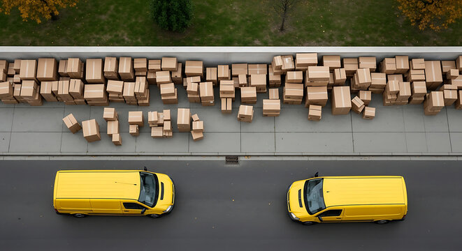 Two bright yellow delivery vans parked on asphalt road beside sidewalk filled with cardboard boxes