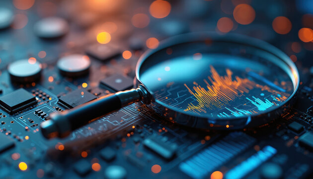 Magnifying glass on computer circuit board analyzing digital data graph. Technology research examining data streams, network security, code analysis. Future tech insight into complex systems.