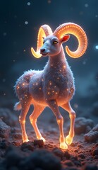 A bioluminescent ram stands on rocky ground.