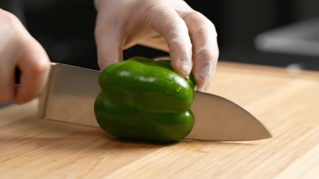 Chef Hands in White Gloves Slicing Fresh Green Bell Pepper on Wooden Cutting Board