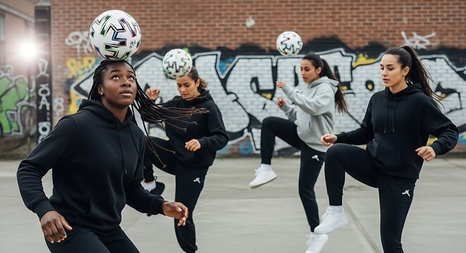 Group of girls  practicing soccer freestyle choreography for the World Cup of Soccer