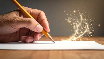 Close-up of a hand with a pencil writing on a blank paper with a creative sparks coming from pencil tip