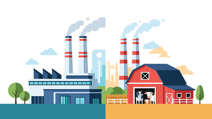 Fototapeta premium Split illustration showing the contrast between a large industrial factory with smoke and a traditional red farm with dairy cows.