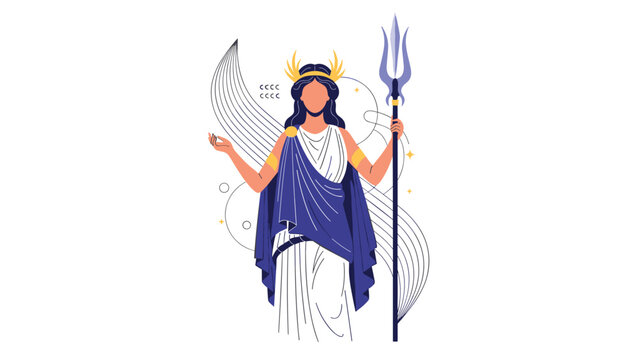 Majestic Greek goddess wearing a crown and flowing white robes while holding a powerful blue trident against a minimal background.