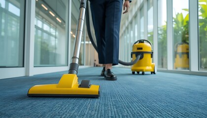 Fototapeta premium Person Cleaning Office Carpet with Yellow Vacuum Cleaner in Modern Building
