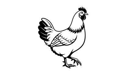 A black and white illustration of a chicken standing on a plain white background