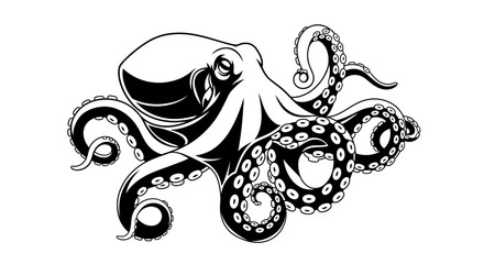 An intricate black and white illustration of an octopus showcasing its tentacles and suckers from a frontal viewpoint