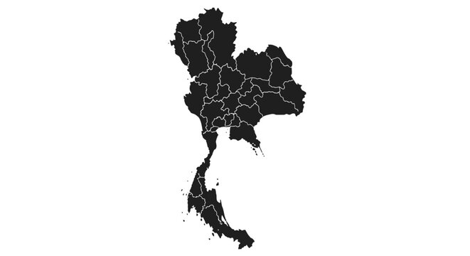 Silhouette map of Thailand with administrative borders on an isolated white background.