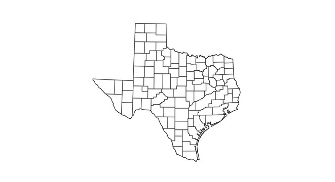 Outline map of Texas state with county borders on an isolated white background.