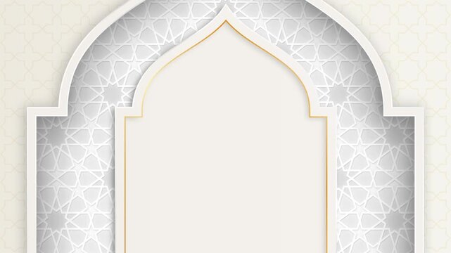 Islamic geometric pattern background loop with white mosque arch frame and gold outline. Elegant 4K motion background for Ramadan, Eid, Islamic religious intro, title screen, banner, and presentation 