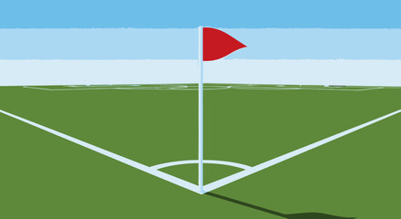 Red Corner Flag on a Green Football Soccer Field with White Lines Under Blue Sky, Sport Game Element. © mangun