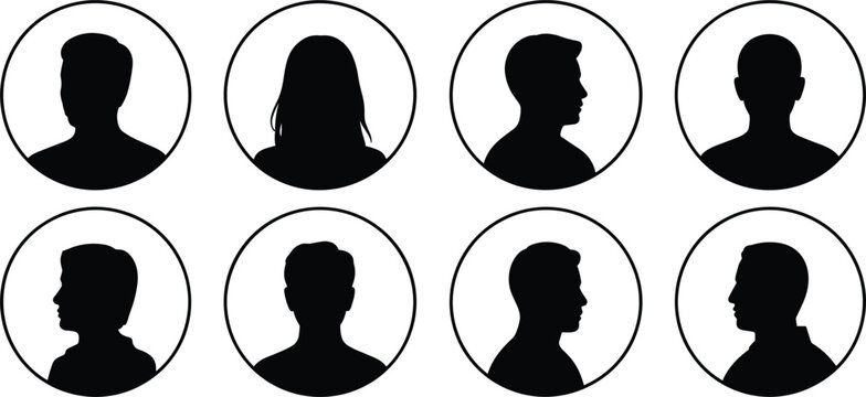 Eight Black Silhouette Profile Avatars in White Circles on White Background headshot icon